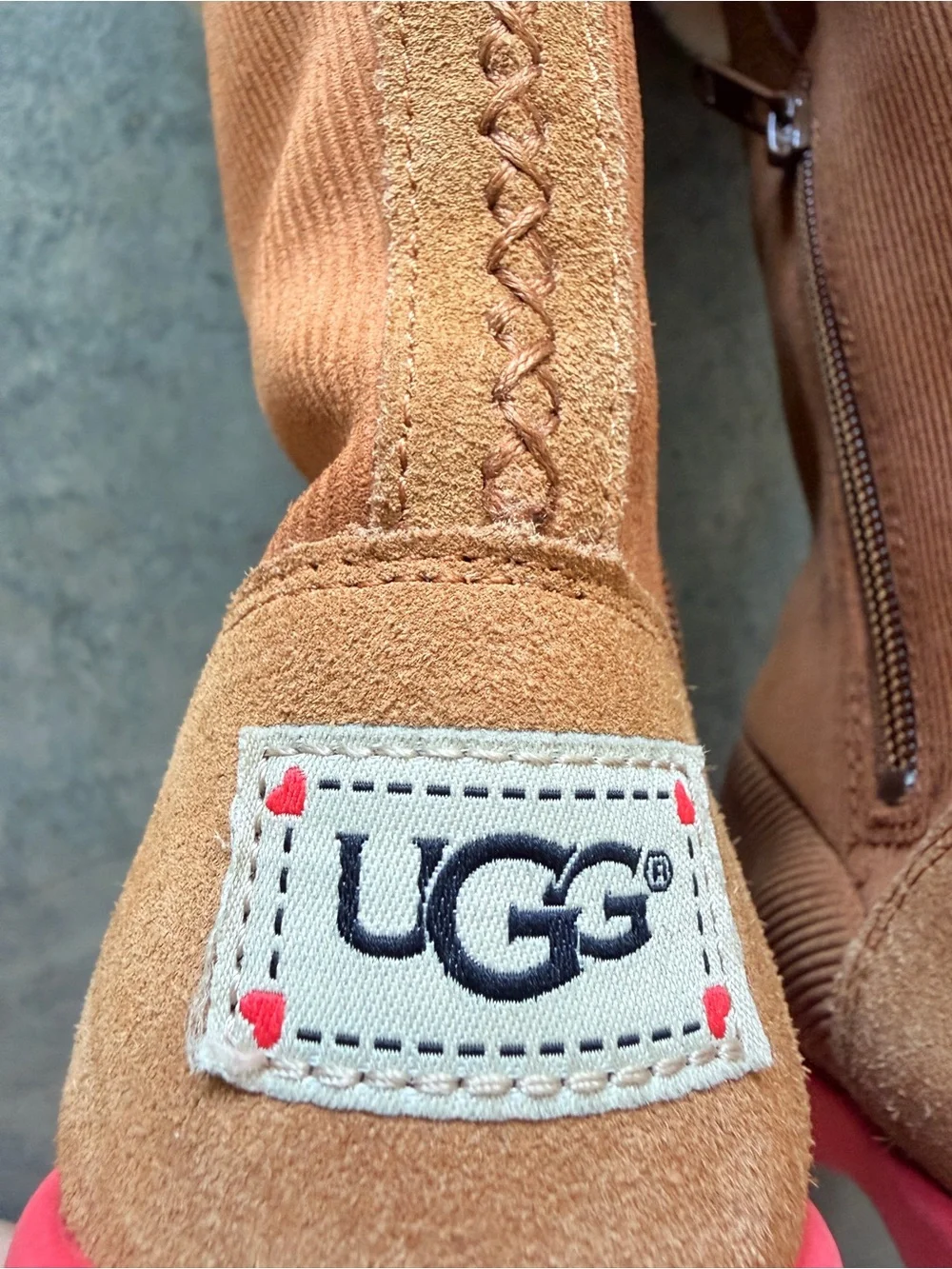 UGG Girls Tall Chestnut Shearling Boots Pink Sole Heart Charm Size 3